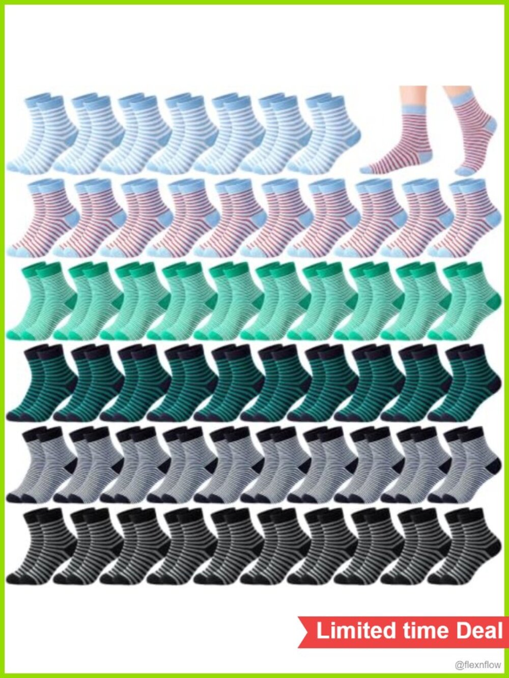 60 Pairs Women Striped Crew Socks Polyester Cotton Blend Size 7.5-10